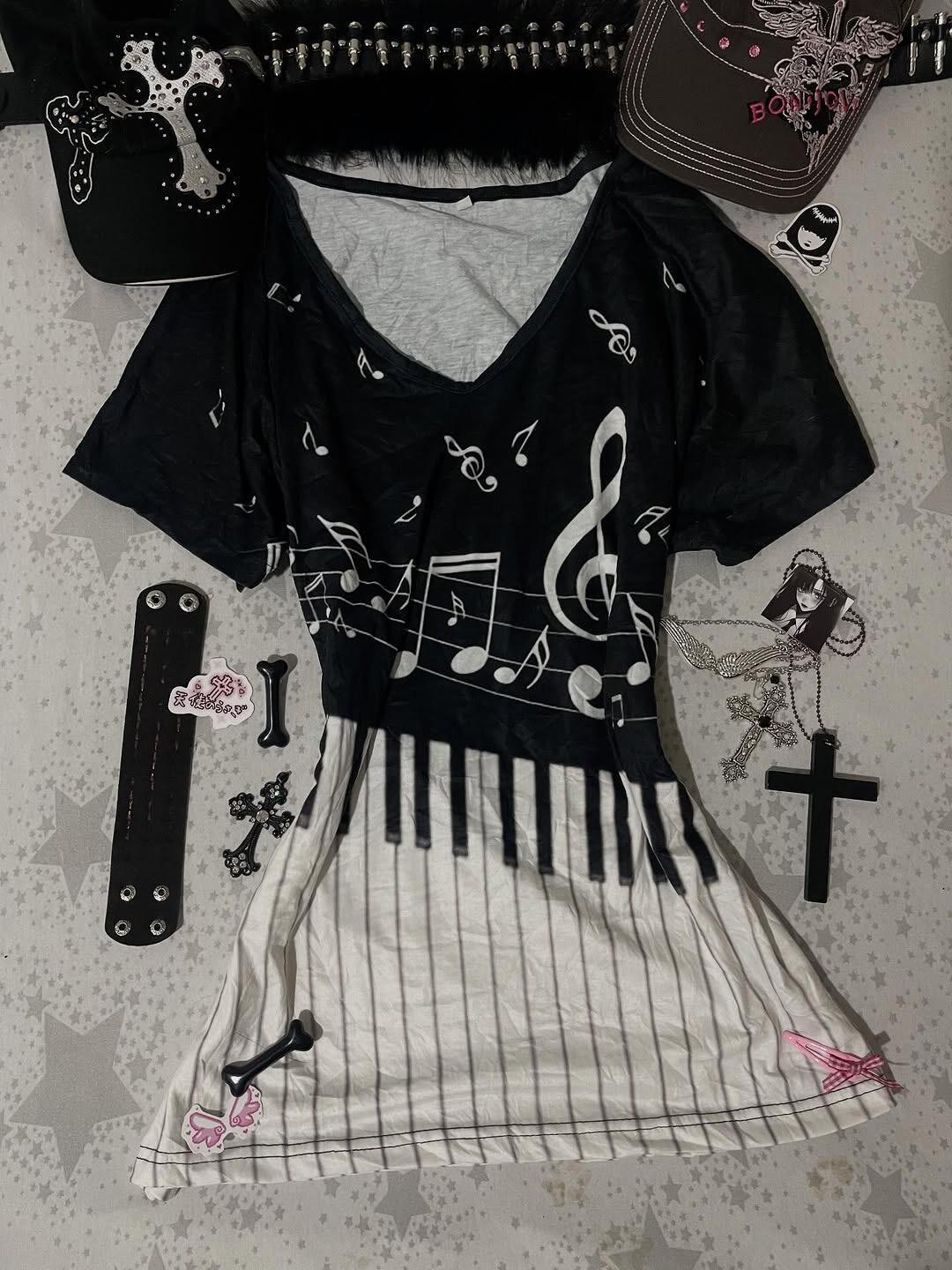 Audio Music Notes - T-shirt gothique Y2K pour femme, imprimé